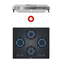 Combo Sole encimera Rubí vidrio templado, 4 quemadores + campana extractora Roma Inox, 3 niveles de absorción